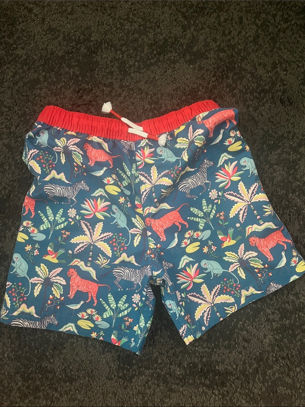 Mini Boden Navy Tropical Animal Print Swim Shorts with Red Waistband